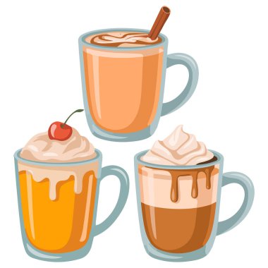 Sonbahar tatili sıcak içecekler balkabağı baharatı beyaz arka planda izole edilmiş şarap vektör illüstrasyonu