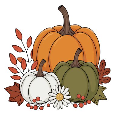 Kuru yapraklı sonbahar balkabağı düzenlemesi beyaz arkaplanda izole edilmiş çiçek vektör çizimi