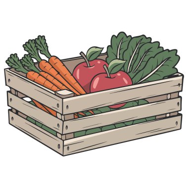 Taze sebzeler ahşap kutu havuç pancar elma izole edilmiş vektör çizimi beyaz arka plan