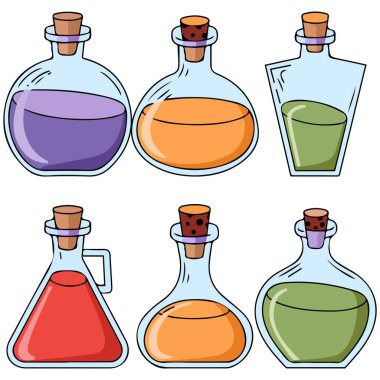 Çizgi film sihirli iksir şişeleri vektör illüstrasyonunu beyaz arkaplanda izole