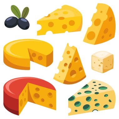Lezzetli taze dilimlenmiş peynir çeşitleri beyaz arka planda izole edilmiş vektör çizimi