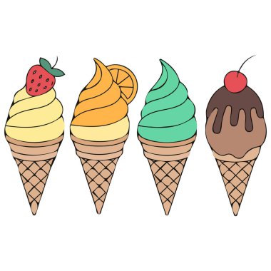 Yedi lezzetli çok renkli dondurma Waffle külahı beyaz arka planda izole edilmiş vektör çizimi