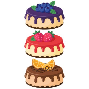 Farklı meyveli cheesecake beyaz arka planda izole edilmiş vektör çizimi