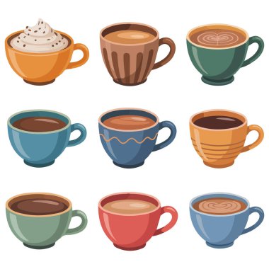 Çay fincanları çanak çömlek mutfak aletleri beyaz arka planda izole edilmiş vektör çizimleri