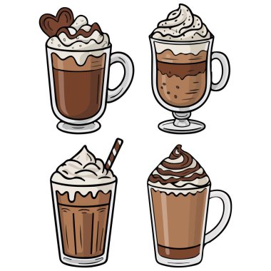 Renkli milkshake tasarımı tatlı çikolatalı içecekler beyaz arka planda izole edilmiş vektör çizimi