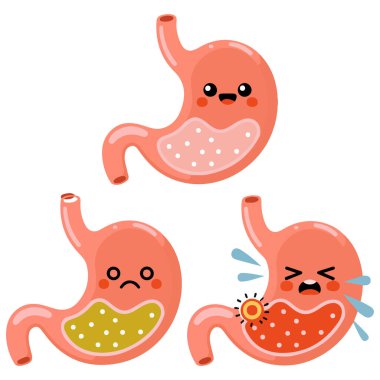 Sağlıklı hasta mide karakterleri mide hazımsızlığı beyaz arka planda izole edilmiş vektör çizimi