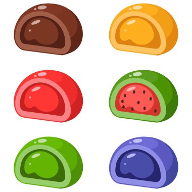 Mochi Japon geleneksel tatlı tatlı pirinç unu beyaz arka planda izole edilmiş vektör çizimi