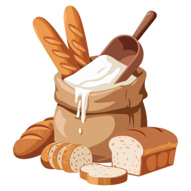 Beyaz arkaplanda izole edilmiş un torba pişirme bileşeni vektör illüstrasyonu