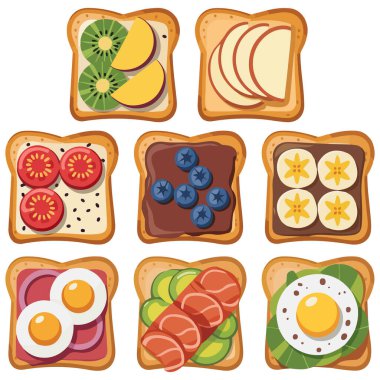 Sabah sandviçleri sağlıklı yiyecek kızarmış ekmek yumurtaları somon balığı izole edilmiş beyaz arka planda vektör çizimi