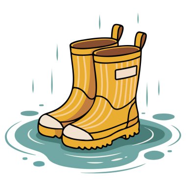Lastik botlar beyaz arkaplanda izole edilmiş su birikintisi yağmur vektörü çizimi