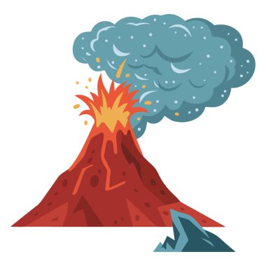 Volkan çizgi film sembolü tehlike turizm kavramı lavı beyaz arka planda izole vektör çizimi püskürtüyor