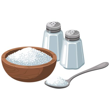 Çizgi film tuz kaşığı cam tuzluk sodyum yiyecekler beyaz arka planda izole vektör çizimi