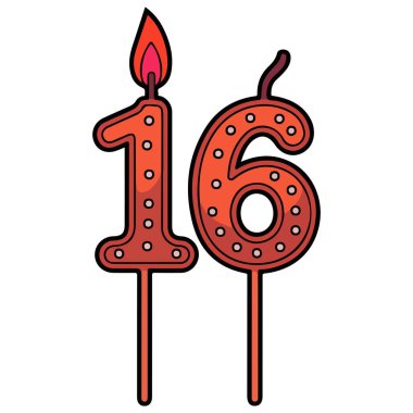 Ateşli vektör karikatür ikonlu on altı numara doğum günü mumu