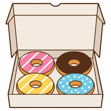 Kutu vektör çizgi filminde renkli donutlar düz çizim
