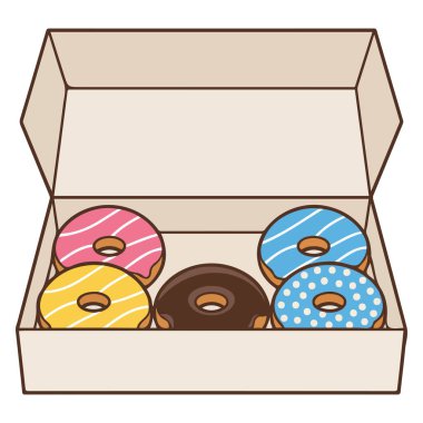 Renkli donut kutusu vektör düz çizgi film çizimi