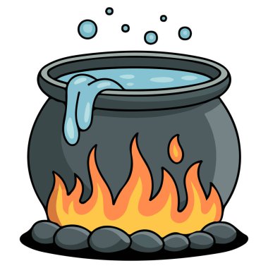 Şenlik ateşi üzerine kazan kaynayan su vektörü izole edilmiş.