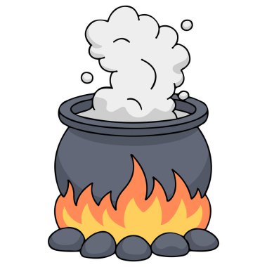 Şenlik ateşi üzerine kamp kurarak çorba vektörü düz çizim