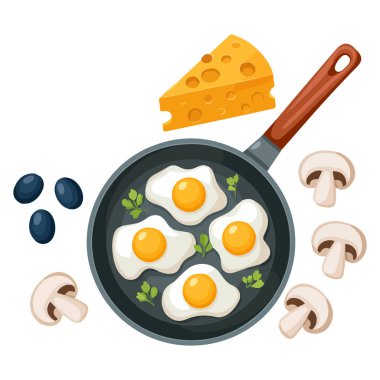 Bir omlet el çizimi illüstrasyonu hazırlamak için çeşitli yemek malzemelerinin yukarıdan aşağı görünümü