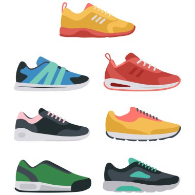 Spor ve spor için spor ayakkabıları koleksiyonu beyaz arka planda izole edilmiş vektör çizimi