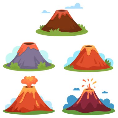 Beyaz zemin üzerinde lav püskürmesi dağ ikonu vektör illüstrasyonlu karikatür sıcak volkan