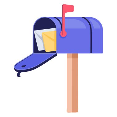 Mavi posta kutusu beyaz arkaplandaki karikatür vektör çizimleriyle dolu