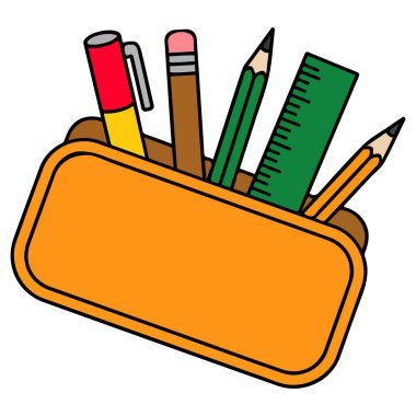 Beyaz arka planda malzeme vektör illüstrasyonuyla birlikte turuncu okul kalem kutusunu aç