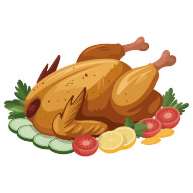 Kızarmış tavuk, beyaz arka planda tabak vektör illüstrasyonunda sebzeyle servis edilir.