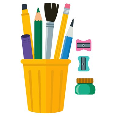 Okul malzemeleri, kırtasiye malzemeleri fırçalar, fırçalar, kalemler, düz vektör çizimleri.