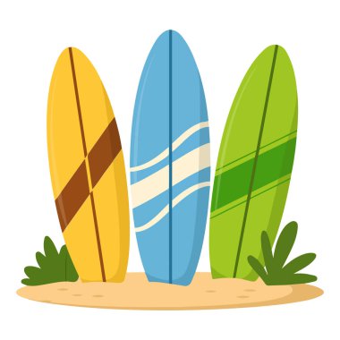 Surfboard standing on beach sand cartoon style isolated vector illustration on white background
