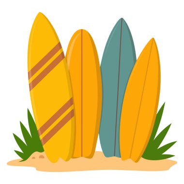 Beach surfboard standing in sand cartoon style isolated vector illustration on white background