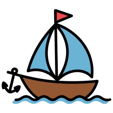 Dalga karikatür simgesi üzerine çapalı yelkenli teknesi beyaz arkaplanda izole edilmiş vektör çizimi