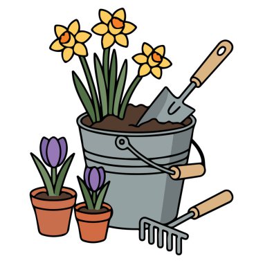 Çiçek ekme ve saksı yetiştirme araçlarının vektör çizimi