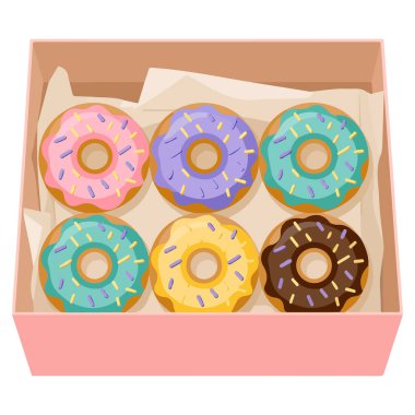 Açık pembe kutu şekerleme ürünlerindeki çörekler beyaz arka planda vektör illüstrasyonu