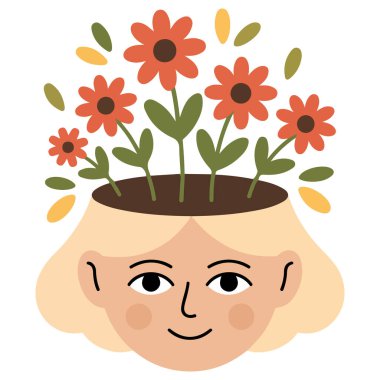 Baş kişisel bakım konsepti illüstrasyonundan büyüyen çiçekli gülümseyen kız