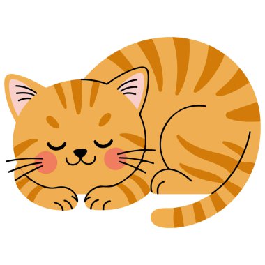 Beyaz arka planda yastık vektörü çiziminde uyuyan sevimli kızıl kedi yavrusu.