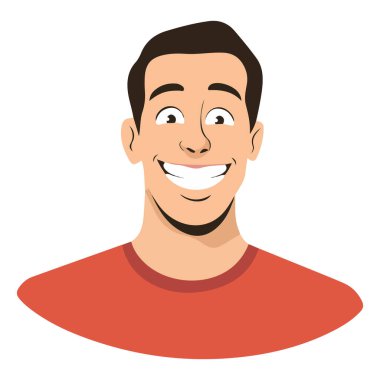 Beyaz arka planda izole edilmiş mutlu gülüşlü erkek yüzünün çizgi film çizimi