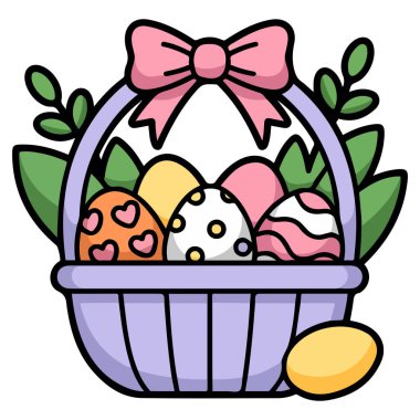 Bahar mevsiminde boyanmış yumurtalarla dolu Paskalya sepeti.