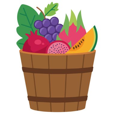 Beyaz zemin üzerinde sepet düz stil vektör illüstrasyon taze meyve