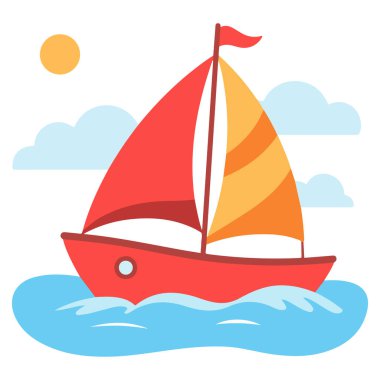 Denizdeki şirin teknesi ve bulutlu vektör çizimi olan deniz baskısı