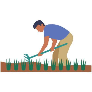 Çiftlik işçisi tarlada tırmık hasat mevsimi temsilciliği yapıyor.