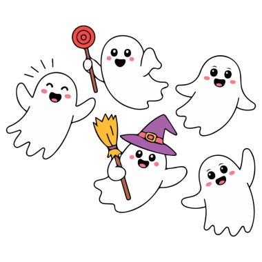 Kafatası yarasa ağı, balkabağı, şeker ya da şeker dolu şirin Cadılar Bayramı hayalet koleksiyonu.