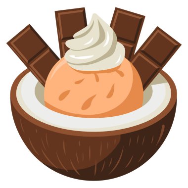 Hindistan cevizli çikolatalı dondurma, krem şantili ve çikolata soslu.