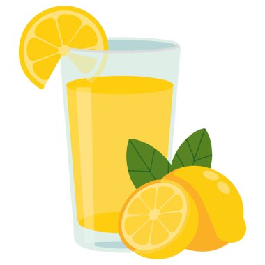 Yanında limon dilimi olan bir bardak limon suyu beyaz üzerine izole edilmiş vektör çizimi.