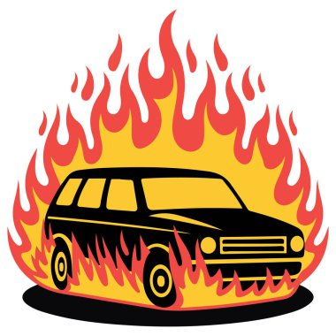 Yanan araba tamamen yanmış. Beyaz üzerinde izole edilmiş vektör çiziminin ötesinde.