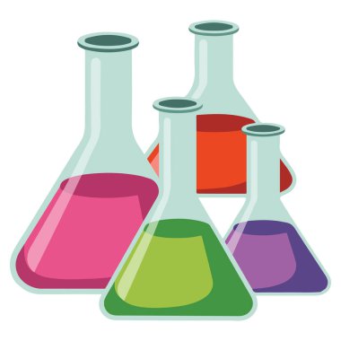 Bilimsel kimyasal deney, cam eşyalar ve izole edilmiş vektör çizimleri.