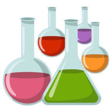 Beyaz üzerinde izole edilmiş kimyasal deneyler için laboratuvar camları.