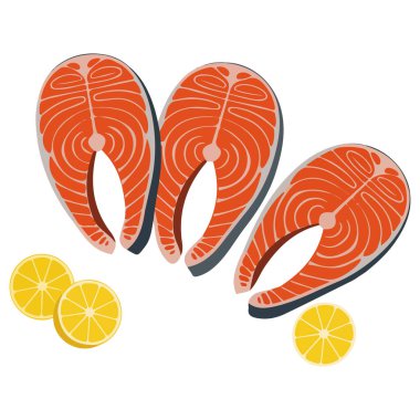 Limonlu ve biberiyeli somon bifteği beyaz arka plan vektöründe izole edilmiş.