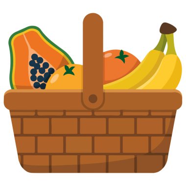 Canlı karikatür meyve sepeti ikonu elma portakalı muz armut böğürtlen düz vektörü