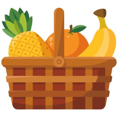Renkli karikatür meyve sepeti ikonu elma portakalı muz armut böğürtlen düz vektörü