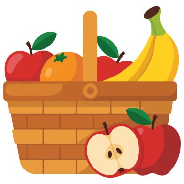 Parlak karikatür meyve sepeti ikonu elma portakalı muz armut yaban mersini düz vektörü